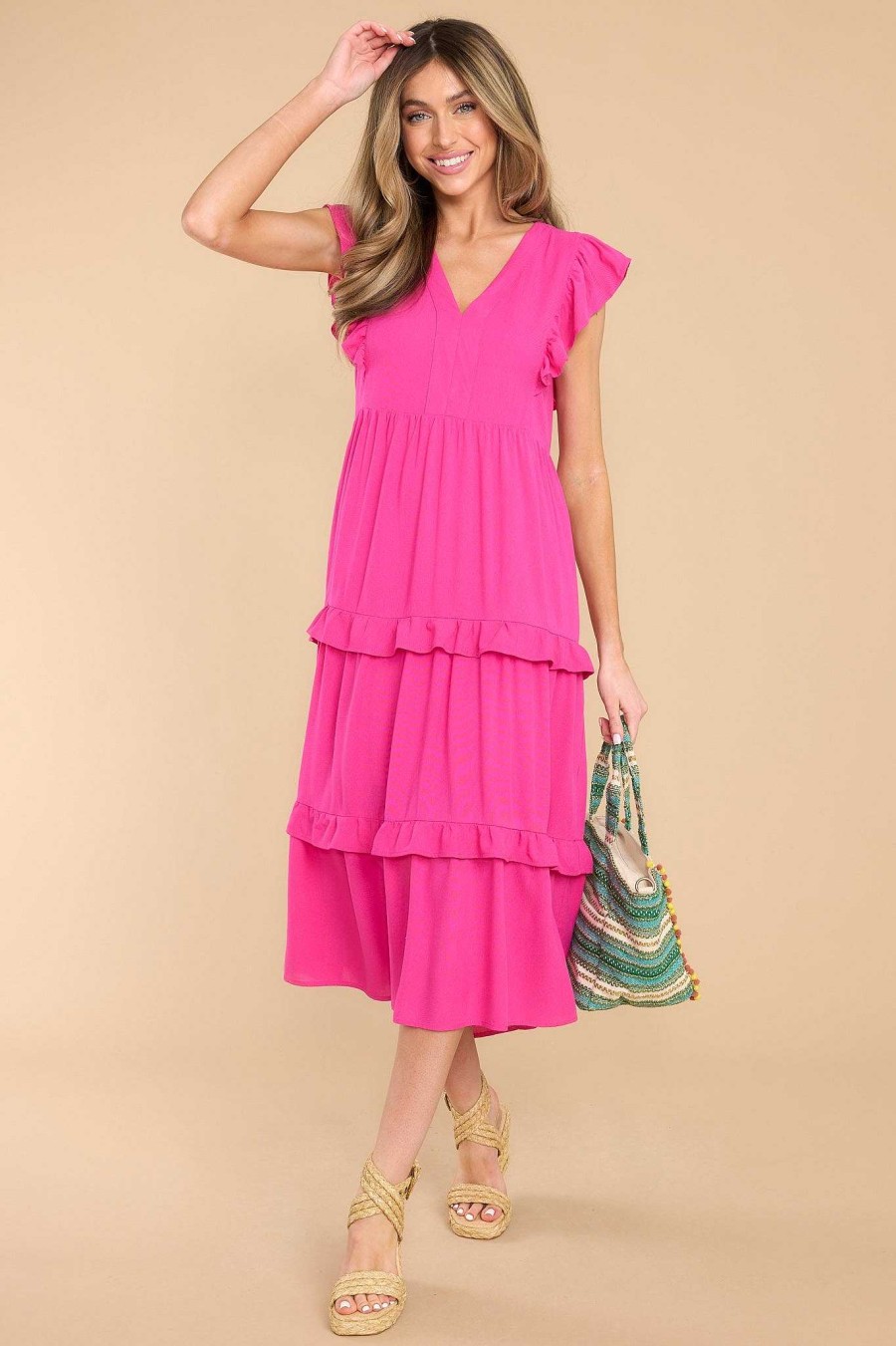 Clothing Red Dress Midi Dresses | First Day Midi Dress Hot Pink