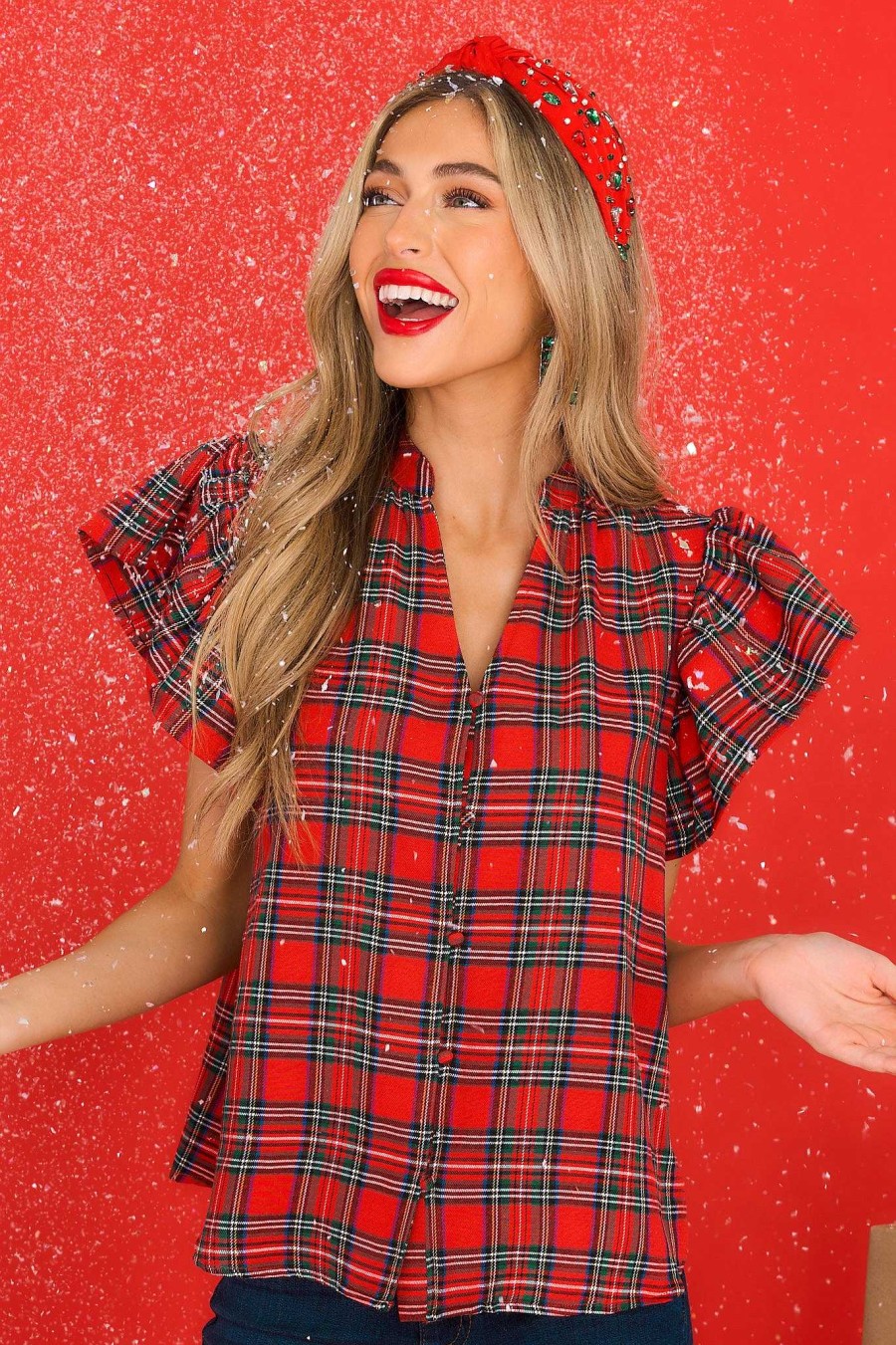 Clothing Aura Blouses & Shirts | Mistletoe Magic Plaid Top Red
