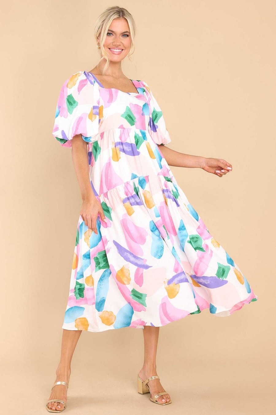 Clothing Red Dress Midi Dresses | Tell My Heart Multi Print Midi Dress Pink
