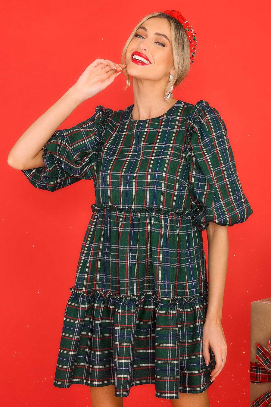 Clothing Aura Mini Dresses | The Gift Of You Plaid Dress Hunter Green