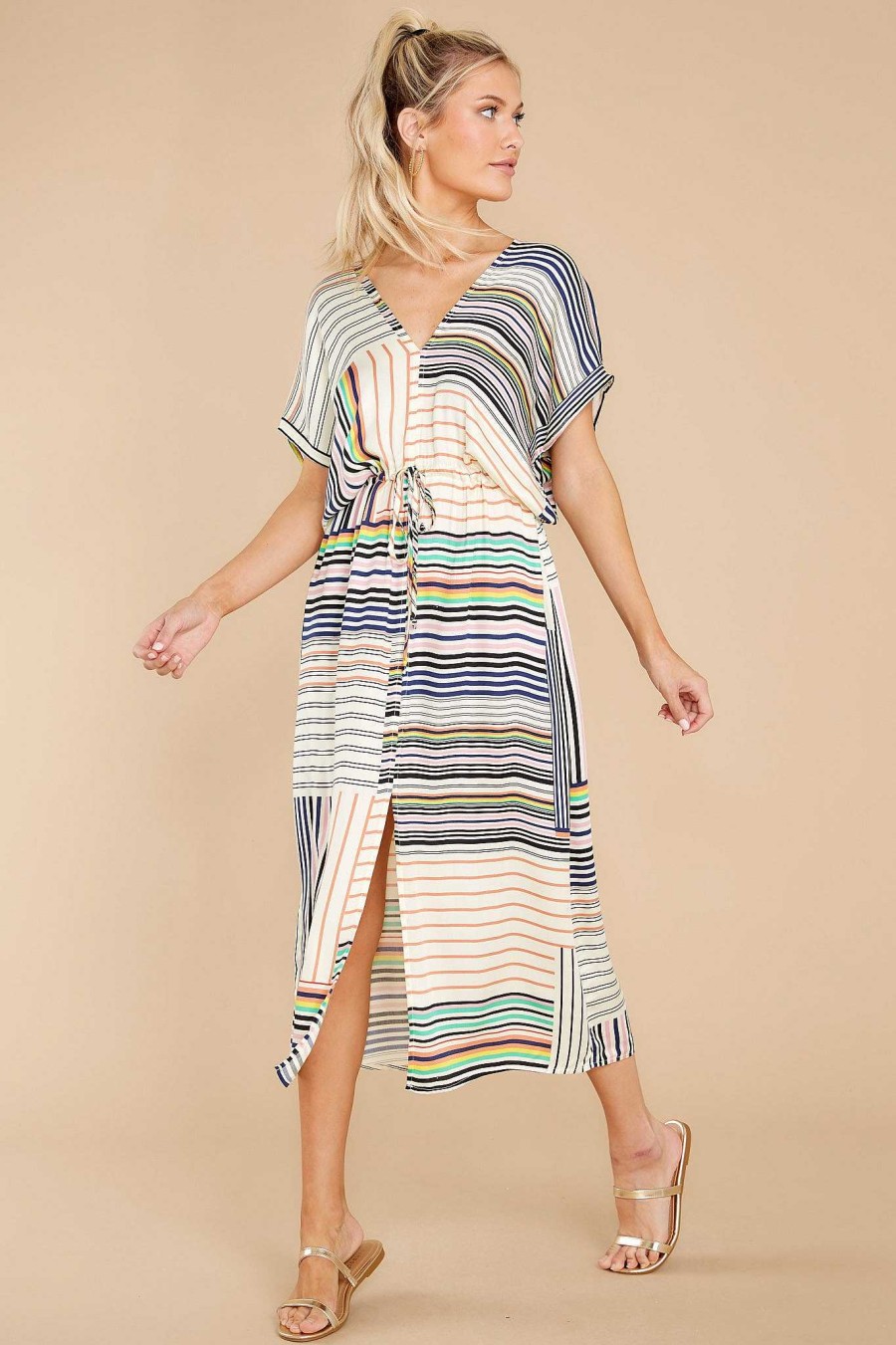 Clothing Red Dress Midi Dresses | Captivated By You Multi Stripe Midi Dress White