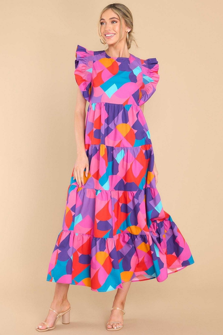 Clothing Red Dress Midi Dresses | Delightful Gaze Print Midi Dress Purple