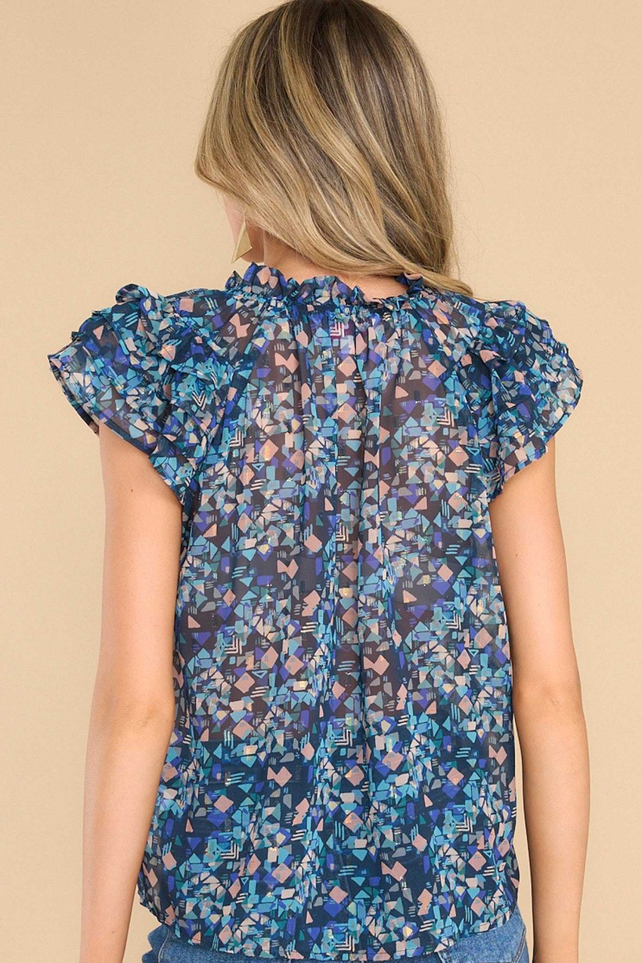 Clothing Meet Me In Santorini Blouses & Shirts | Sweet As You Geo Print Top Blue