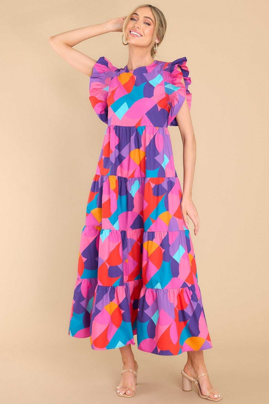 Clothing Red Dress Midi Dresses | Delightful Gaze Print Midi Dress Purple