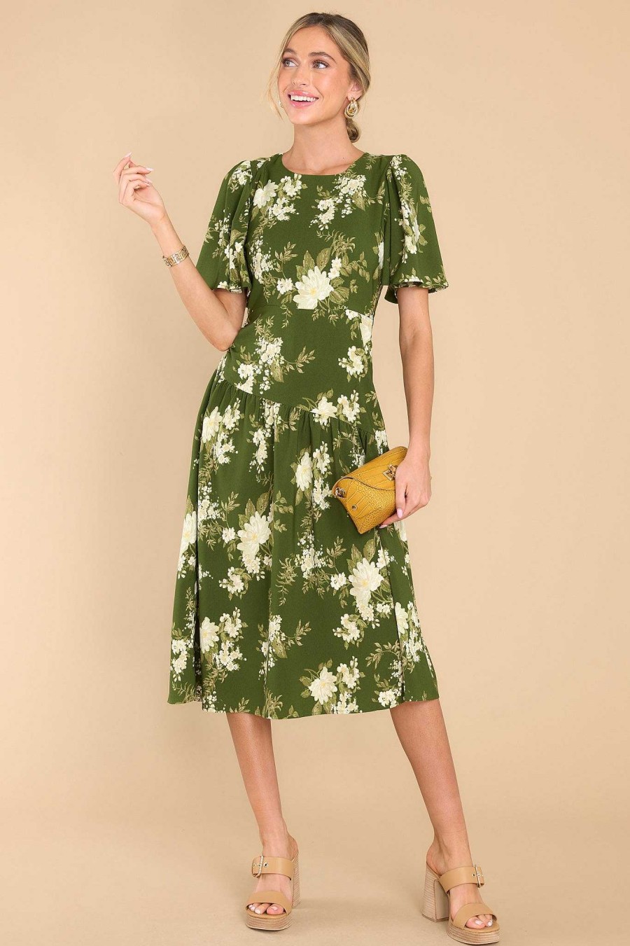 Clothing Red Dress Midi Dresses | Beautiful Botanicals Floral Print Midi Dress Green