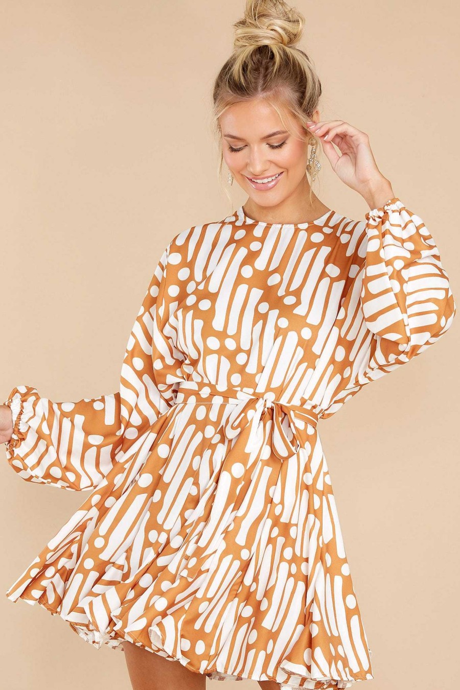 Clothing Red Dress Mini Dresses | Dearest Lover Multi Print Dress Golden Brown