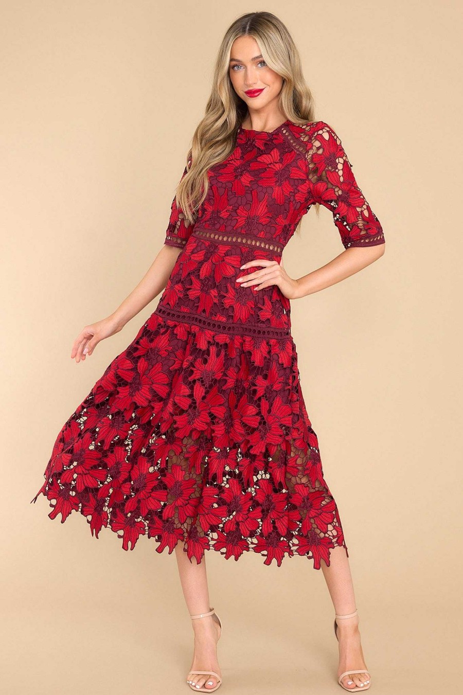 Clothing Red Dress Midi Dresses | Get To The Point Lace Midi Dress Red
