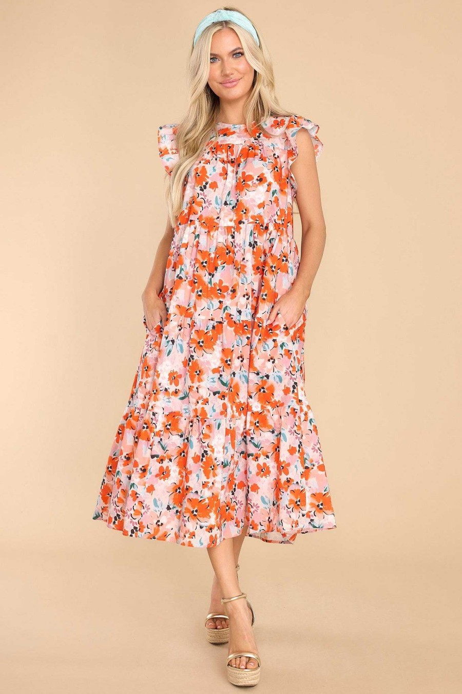 Clothing Red Dress Midi Dresses | Down For It Floral Print Midi Dress Orange