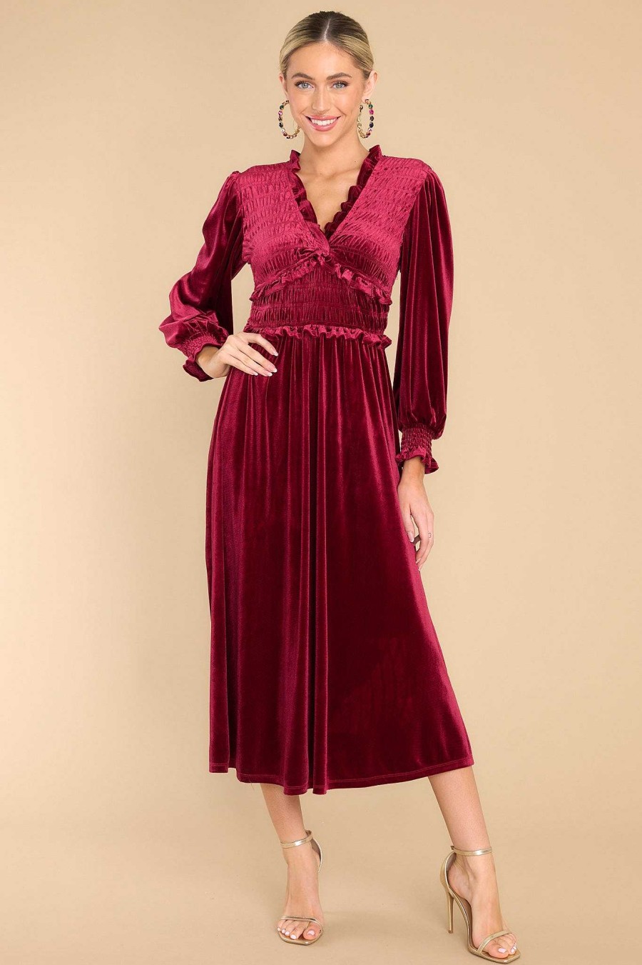 Clothing Red Dress Midi Dresses | In The Past Faux Velvet Midi Dress Burgundy
