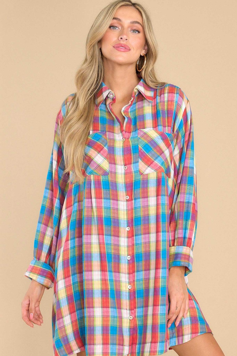 Clothing Aura Mini Dresses | Gliding By Multi Plaid Dress Blue