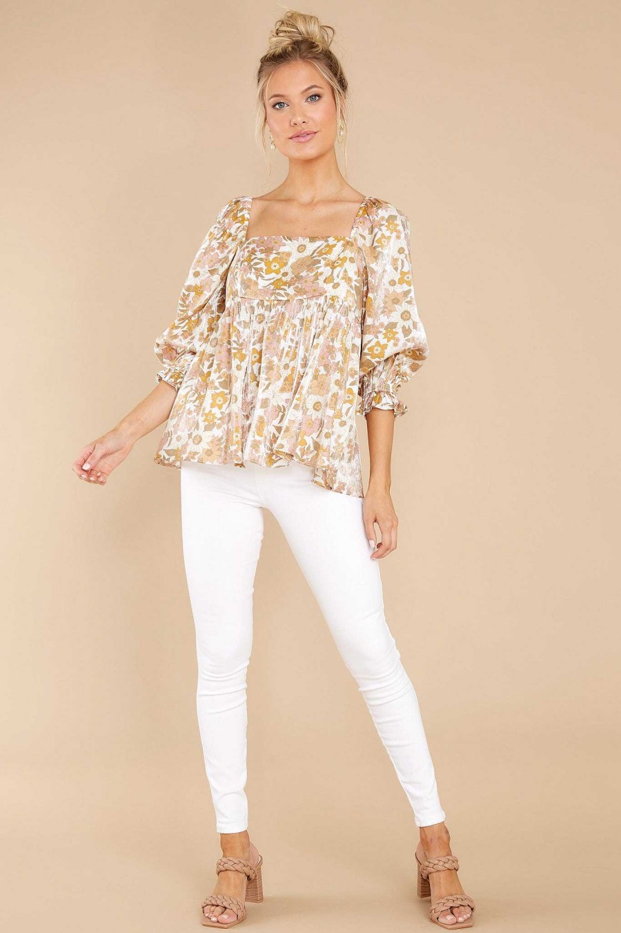 Clothing Red Dress Blouses & Shirts | Sunny Blooms Floral Print Top White And Gold