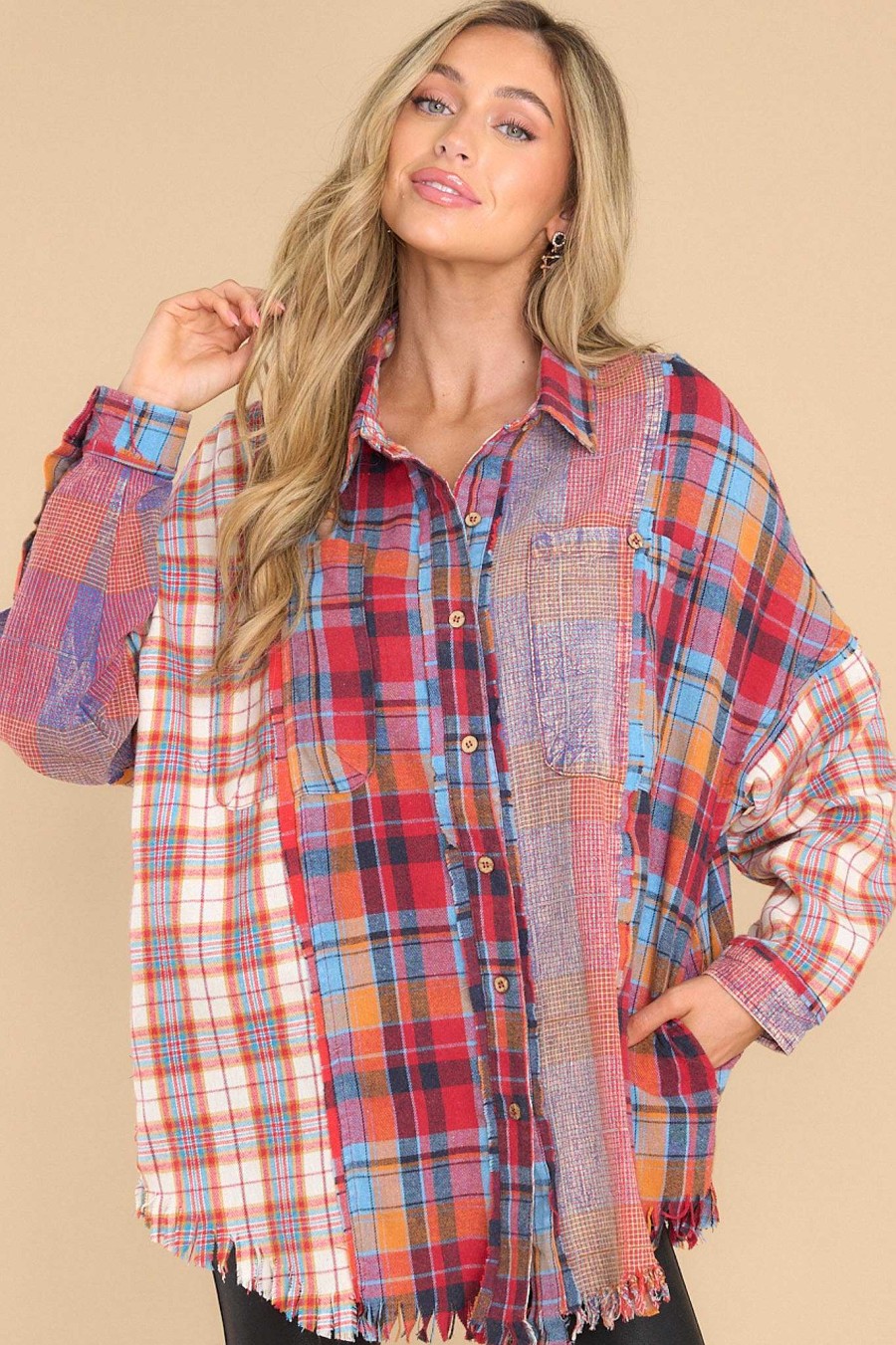 Clothing Red Dress Casual Tops | At The Bonfire Multi Plaid Top Red
