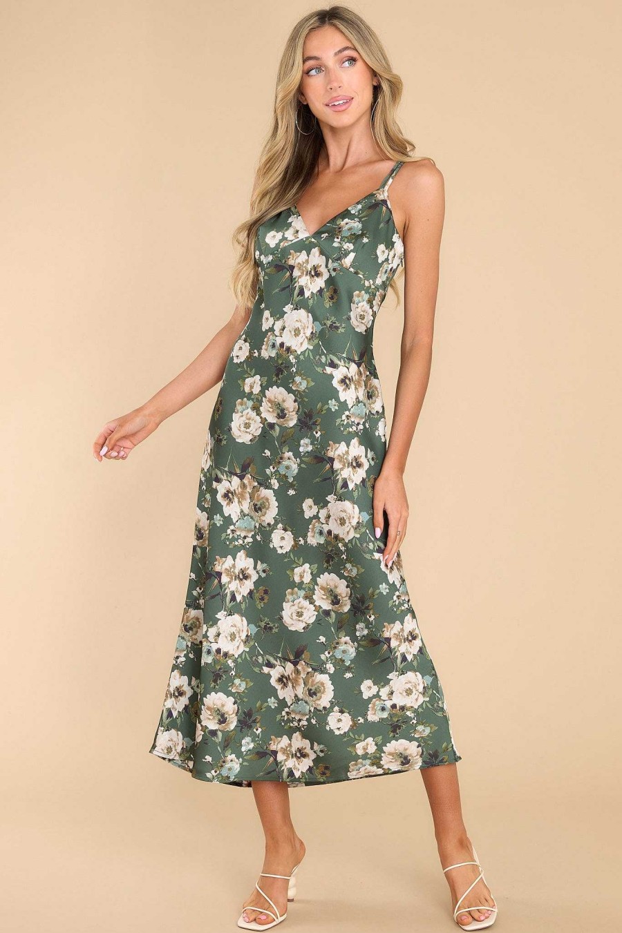 Clothing Red Dress Midi Dresses | Nobody Like Me Floral Midi Dress Hunter Green