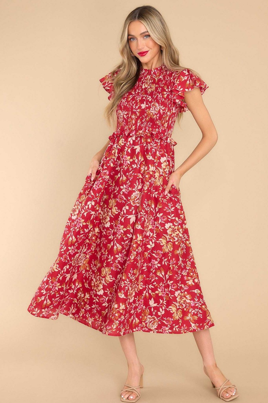 Clothing Olivia James The Label Midi Dresses | Lila Lodge Floral Dress Red