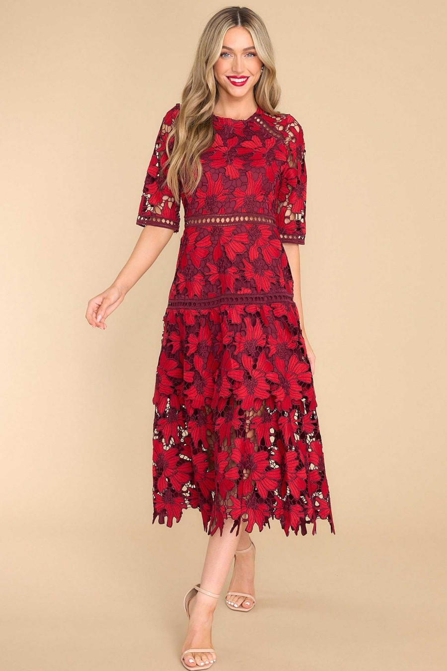 Clothing Red Dress Midi Dresses | Get To The Point Lace Midi Dress Red